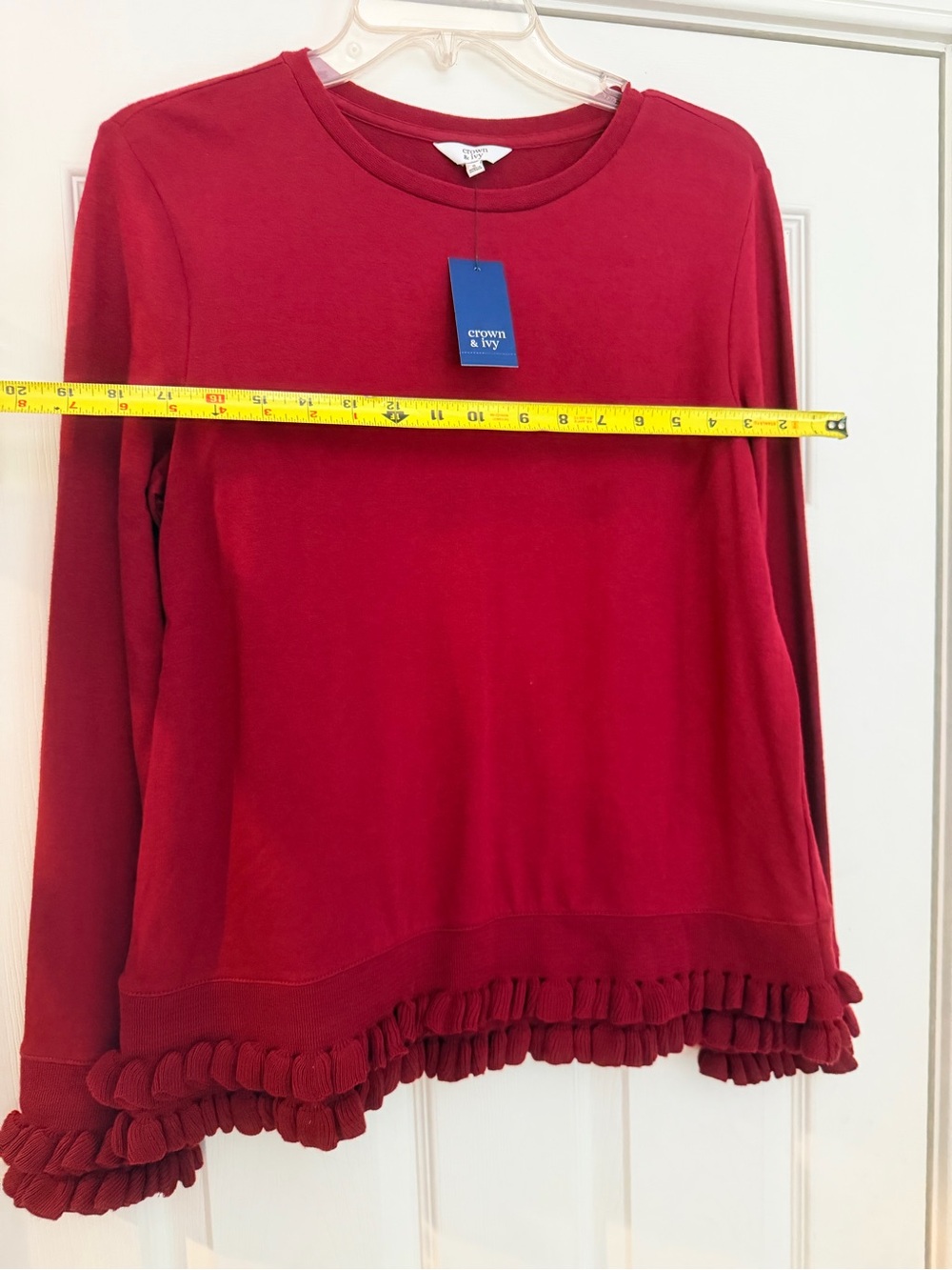 NEW $60 Ladies Size Small "crown & ivy" Burgundy Ruffle-Hem Long Sleeve Top GUC - Picture 5 of 8
